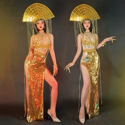 Egypt Dance Queen Nightclub Gogo Show Dancing Clothes Female Sexy Rhinestone Bikini Sequins Skirt Dancer Stage Outfit VDB5966