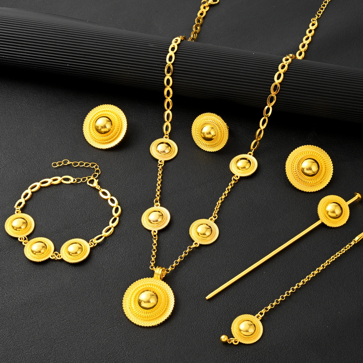 6PCS NEW Simple Golden Color Ethiopian Jewelry Set Pendant Earrings Ring Head Chain Bracelet Set African Eritrean Wedding Gift