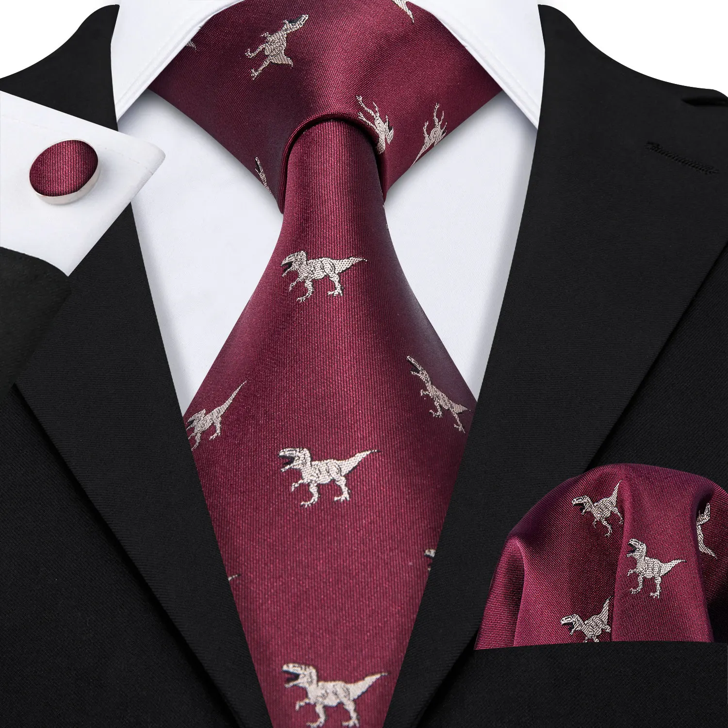 

Novelty Animal Silk Mens Tie Hanky Cufflinks Set Jacquard Horse Dog Panda Skull Dinosaur Chick Necktie For Male Party Barry.Wang