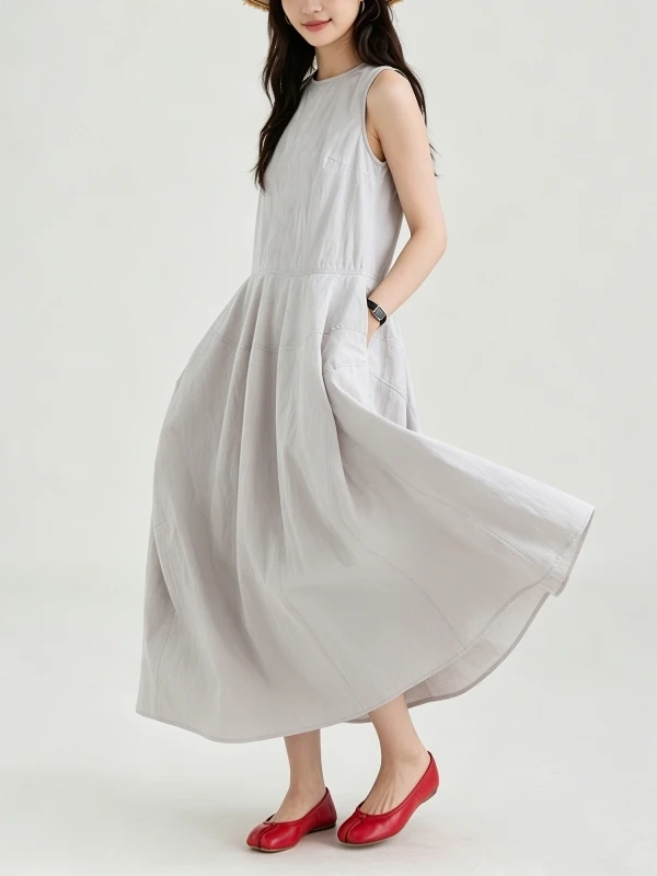 

Summer Casual Sleeveless Vest Dress Women's Fashion High Waist A-Line Long Skirt Cool Feeling No Collison Style Artistic Style