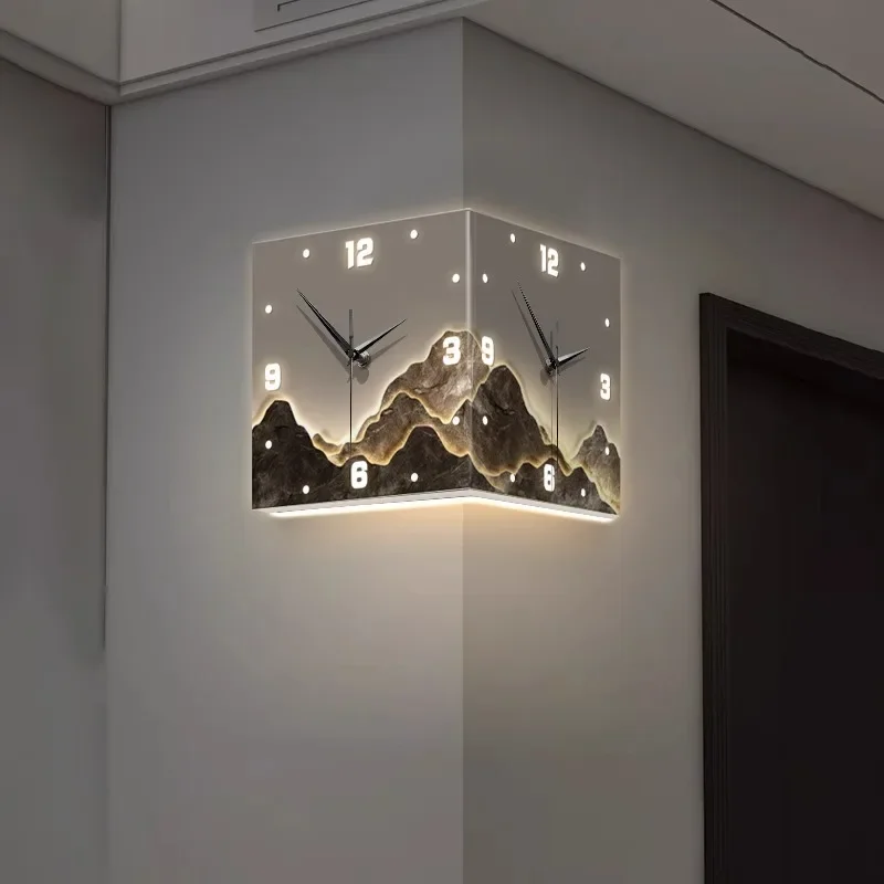 Back with mountain support living room double-sided corner wall clock simple corner clock mural light no punching led wall