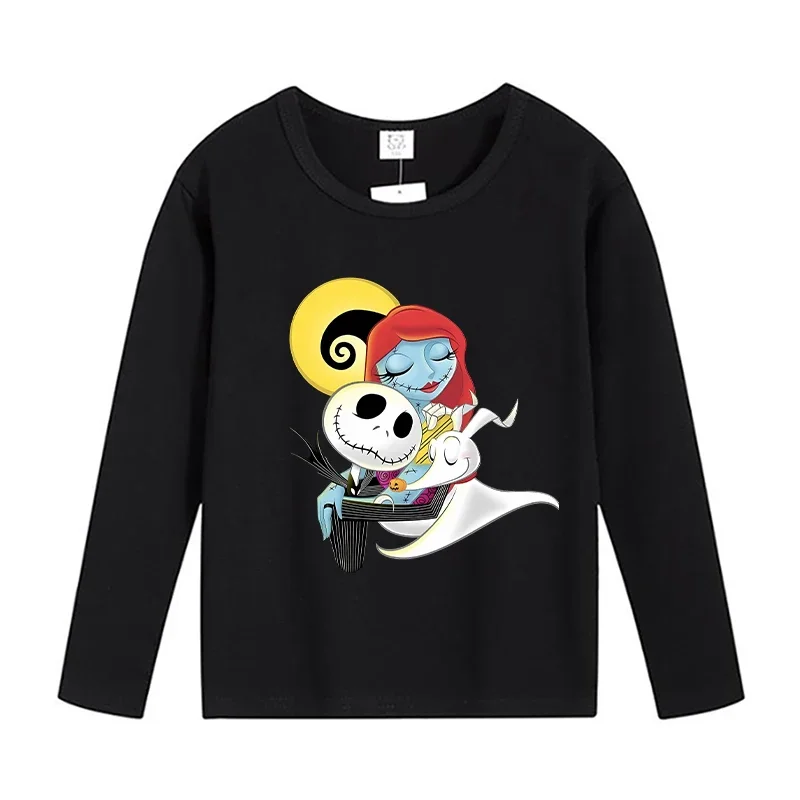 Disney-camiseta negra de manga larga con cuello redondo para niños, ropa fina con estampado de la pesadilla antes de Navidad, Sally Jack, regalo