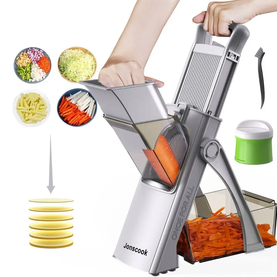 

Allin1 Upgraded Safe Mandoline Slicer for Kitchen, with Handheld Spiralizer, Food Chopper with Container, Thickness Adjustable