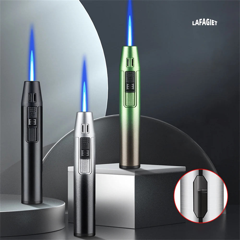 New Pen Metal Lighter Mini Spray Gun Inflatable Windproof Lighter Adjustable Straight Shot Blue Flame Lighter Cigarette Tools