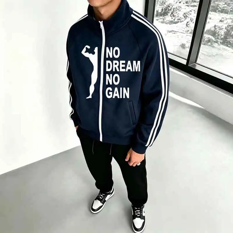 Men Retro Full Zip Track Jacket Striped Sleeve Workout Figure Print Jogging Training Casual Outerwear
