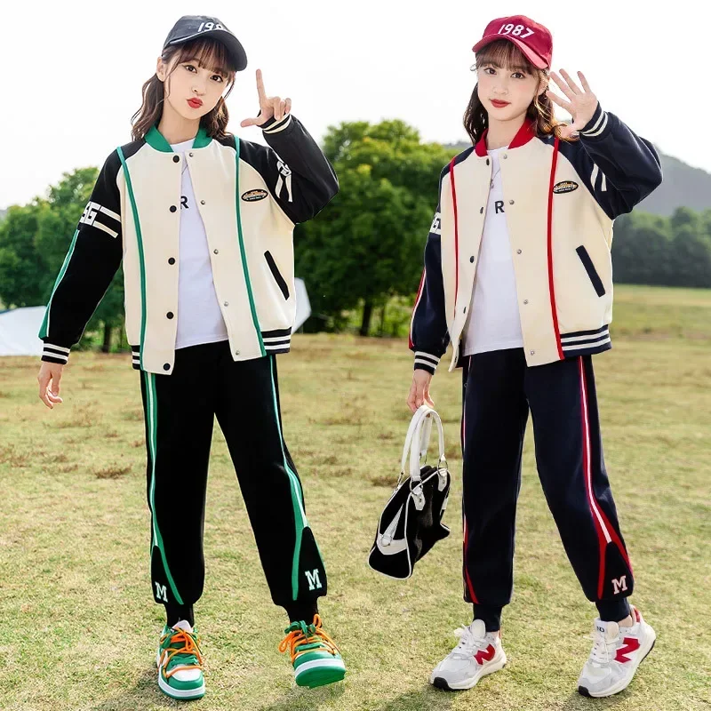 4-15Y Girls Two Piece Set Spring and Autumn Patchwork Casual Single Breasted Baseball Jacket Sports Pants Children's Sets