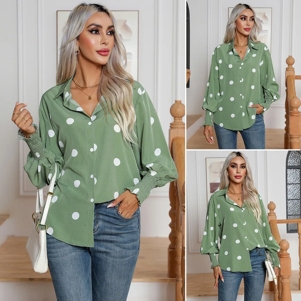Women's Blouse Polka Dot Print Long Sleeve Lantern Sleeve Blouses Green Lightweight Casual Top Button-Up Shirt Turn Down Collar