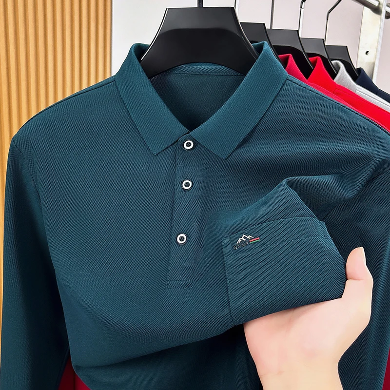 High End Fashion Long Sleeve Polo Shirt Men Autumn New Exquisite Pocket Design Brand embroidery Business Leisure Lapel T-Shirt