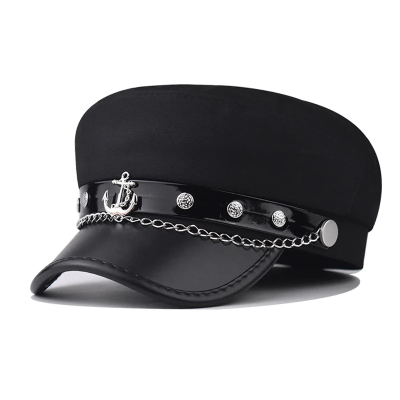 

Newsboy Hats Octagonal Hat New Boat Throw Spring Fashionable Versatile PU Chain Beret Personality British Fashion Military Hat