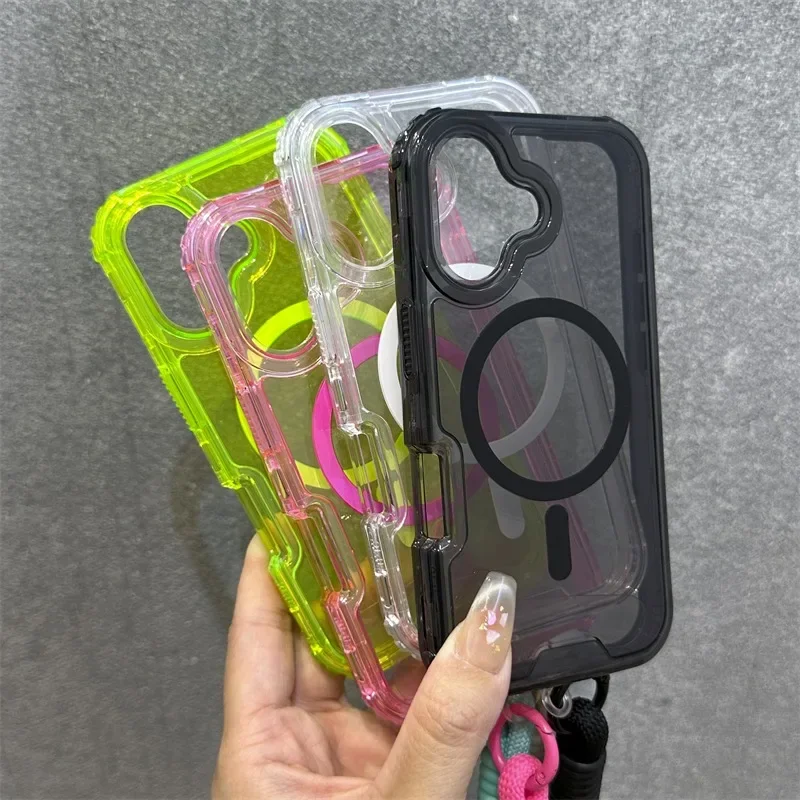 حافظة لهاتف Magsafe شفافة بحزام معصم لهاتف آيفون 16 15 14 17 Pro Max Plus 12 13 11 17 غطاء حماية صلب مقاوم للصدمات #6