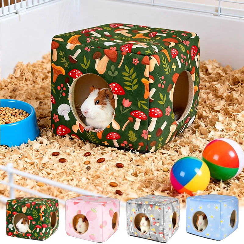 

New Winter Soft Guinea Pig Hideout and Tunnel Washable Pet Bed Mushroom Flower Design for Hamster Bunny Small Animal Habitat