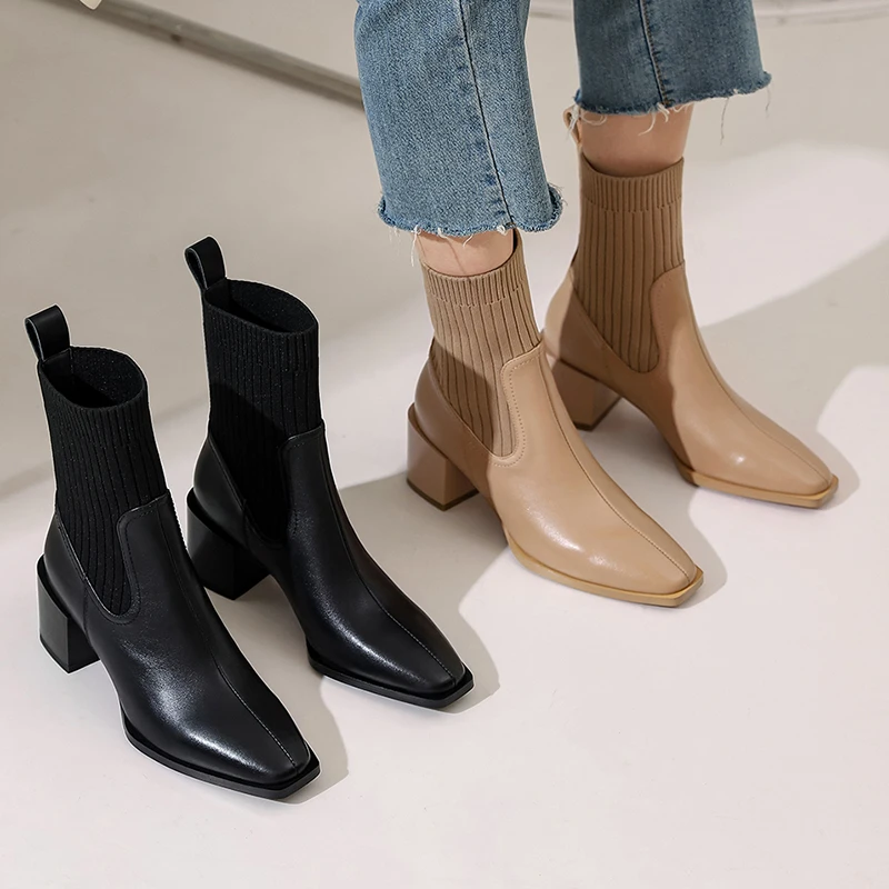 Women Ankle Boots Cow Genuine Leather with Knitting Wool 2022 Black 6cm Block Heel Designer Quality Lady Bootie Shoe Big Size 10