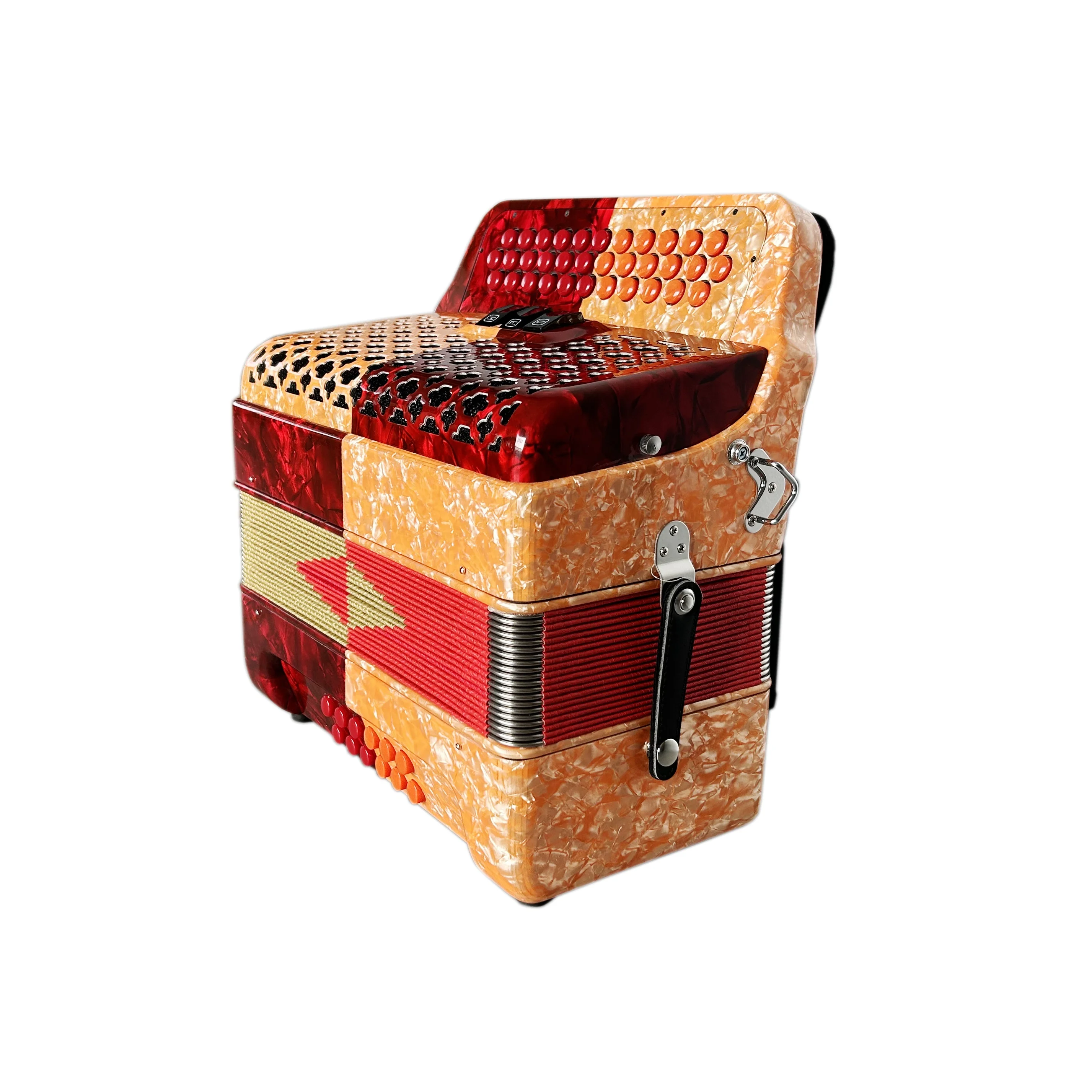 Professional JB3412B Diatonic Accordion Instrument 34 Buttons 12 Bass 3 Registers Wood Red Orange Celluloid JB3412B