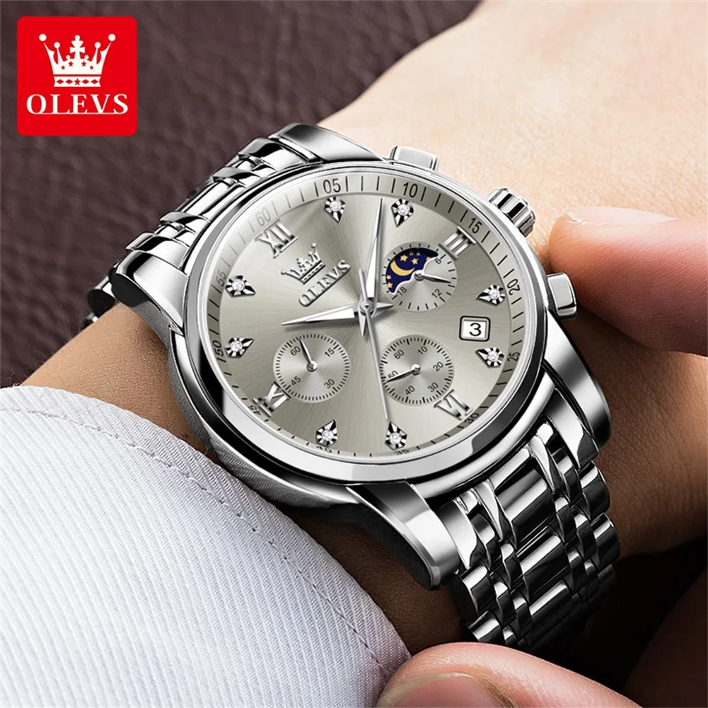 OLEVS 2858 Quartz Watch for Men Classic Three Eye Chronograph Small Dial 24 Hour Moon Phase Luxury Original Men's Watches Gifts