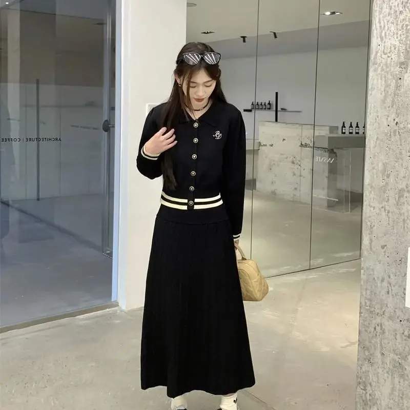

Preppy Style Knitted Two Piece Skirt Sets Korean Fashion Long Sleeve Knitted Cardigans Tops + High Waist A Line Long Skirt Sets