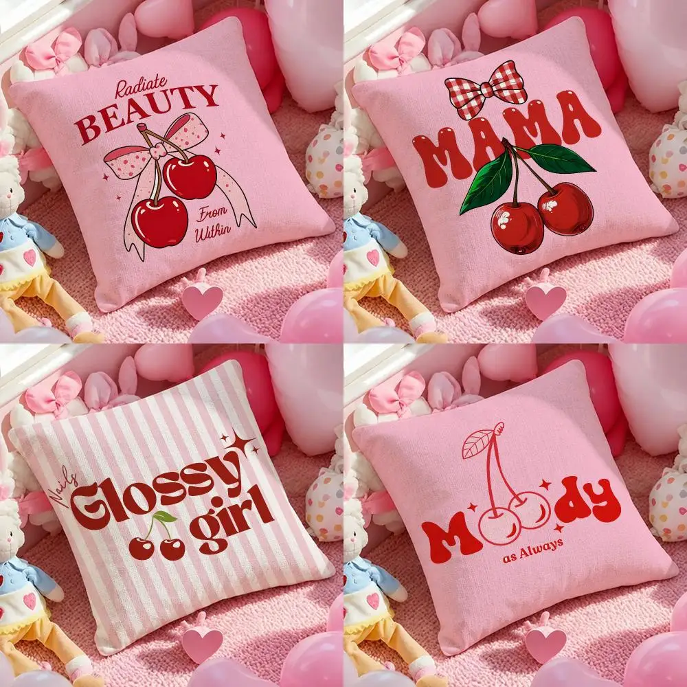 Art Cherry Cushion Cover Pink Linen Texture Cushion Cover Double Sided Invisible Zipper Deco