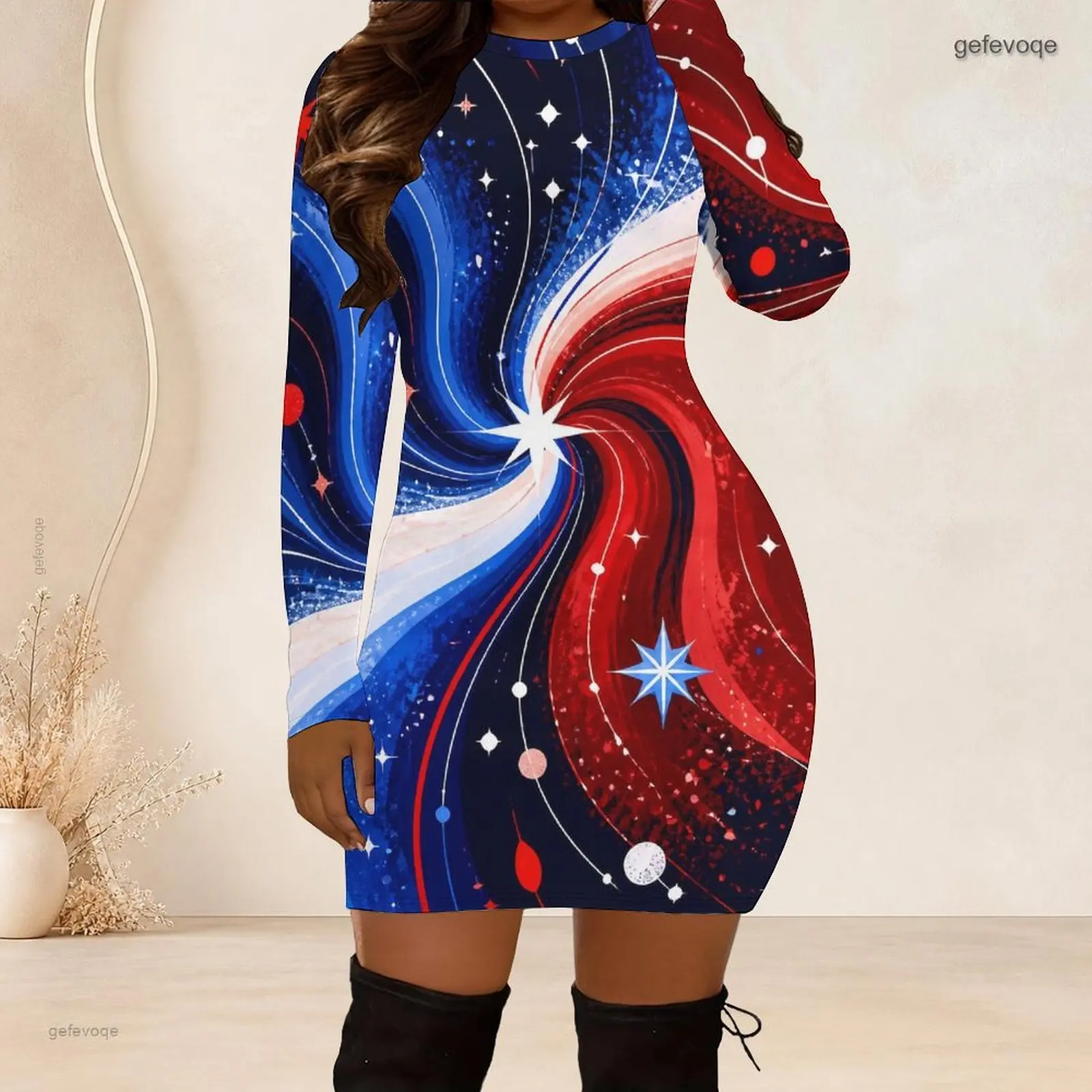 Women Crew Neck Long Sleeve Bodycon Mini Dress Slim Fitted Pencil Short Dress Custom Print Ladies Club Party Dresses