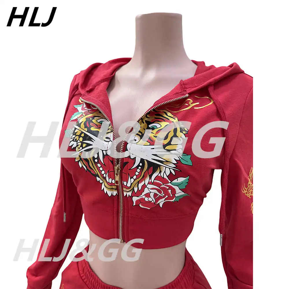 HLJ Y2K Fashion Pattern Print Two Piece Sets Women Zipper Hooded Long Sleeve Crop Top And Pants Outfits Autumn New 2pcs Clothing