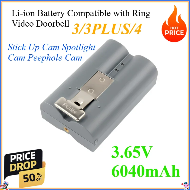 

3.65V 6040mAh Li-ion Battery Compatible with Ring Video Doorbell 3/3PLUS/4 Stick Up Cam Spotlight Cam Peephole Cam