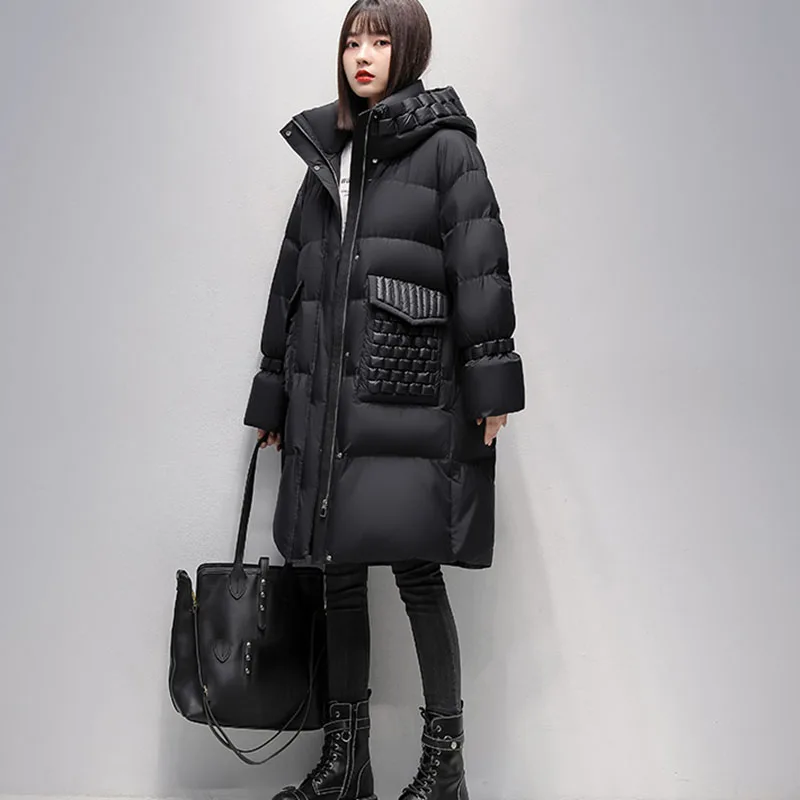 Winter mode warme schwarze Daunen jacke Damen koreanische lose 90% weiße Enten Daunen mantel lange dicke Schnee weibliche Kapuze Parker Mantel