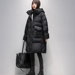 Sobretudo de Parka longo e grosso feminino, casaco de pato 90%, casaco quente, preto, branco, solto, neve, fêmea, moda coreana, inverno