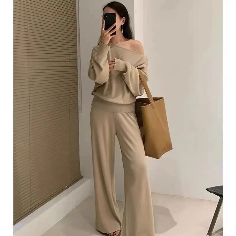 

Европейский стиль, модная женская весенняя элегантная ленивая стильная толстовка с открытыми плечами и вязаным воротником для взрослых, широкий элегантный комплект из двух предметов