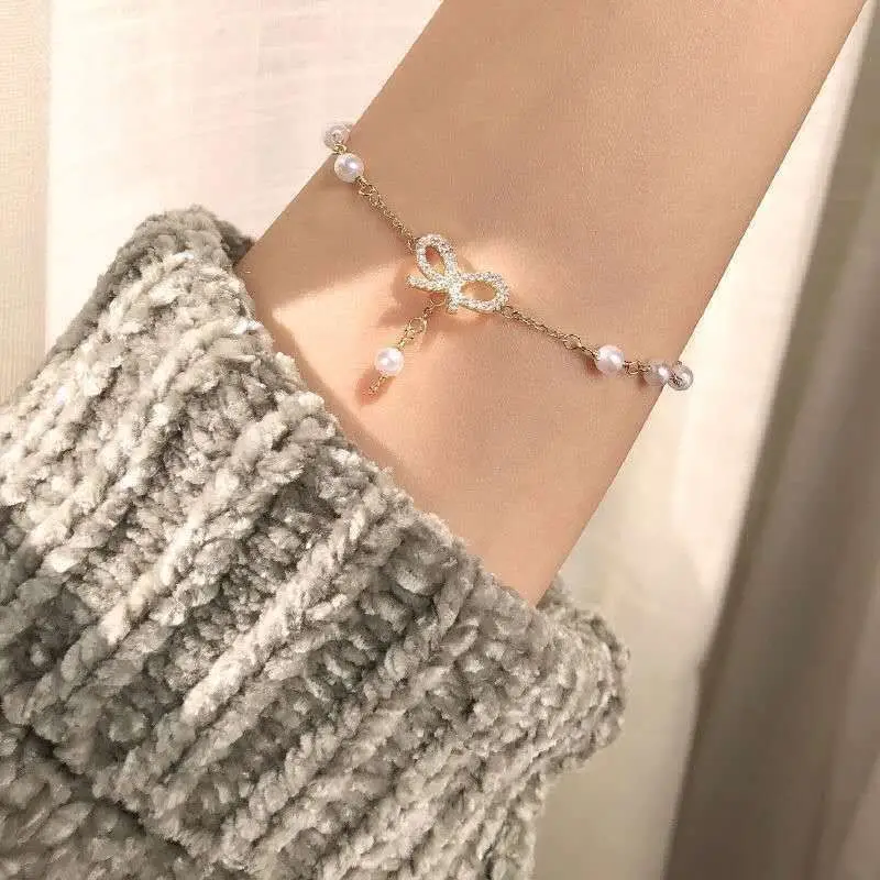 Korean Fashion Girl Heart Bow Pearl Zircon Bracelet for Women Simple Charm Chain Bracelet Bangles for Women Party Jewelry Gift