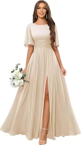 Simple Short Sleeves A Line Chiffon Bridesmaid Dresses Long Pleat Formal Evening Party Gown Dress with Slit
