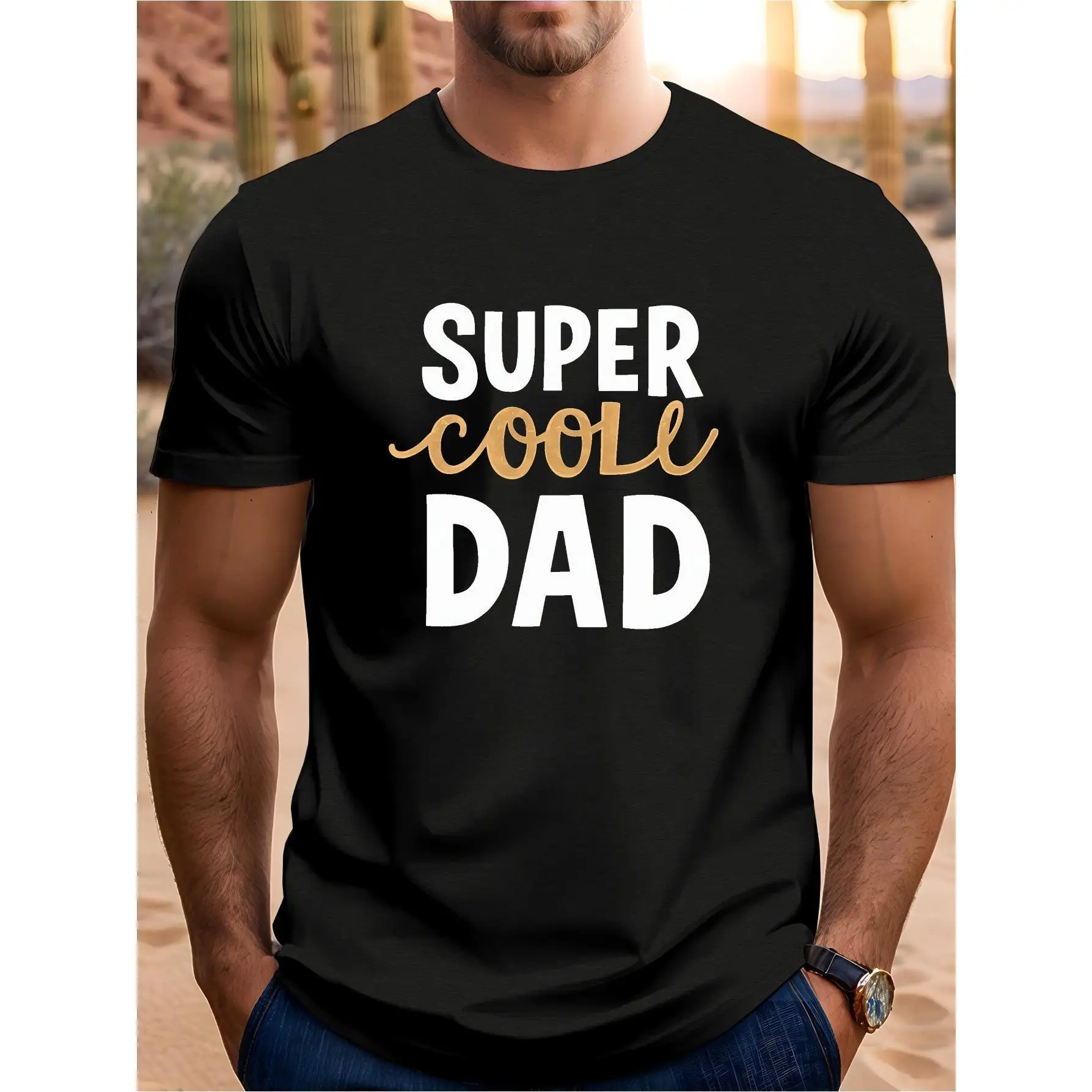 

Men'S "Super Cool Dad" Graphic Tee - Black Crew Neck Short Sleeve T-Shirt