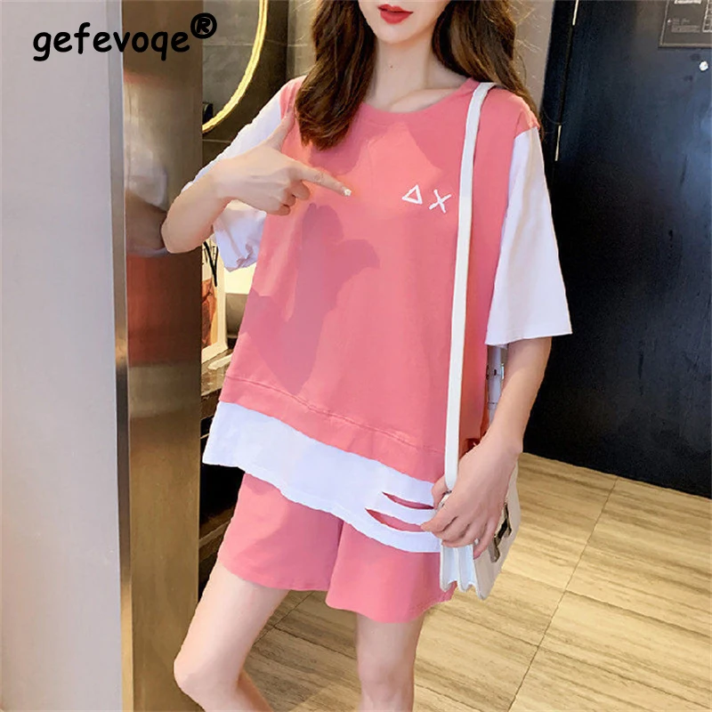 2 Piece Sets Women Summer Trendy Hole Cute Anime Print Patchwork Short Sleeve T-shirt Y2K Female Casual Sports Oversized Shorts