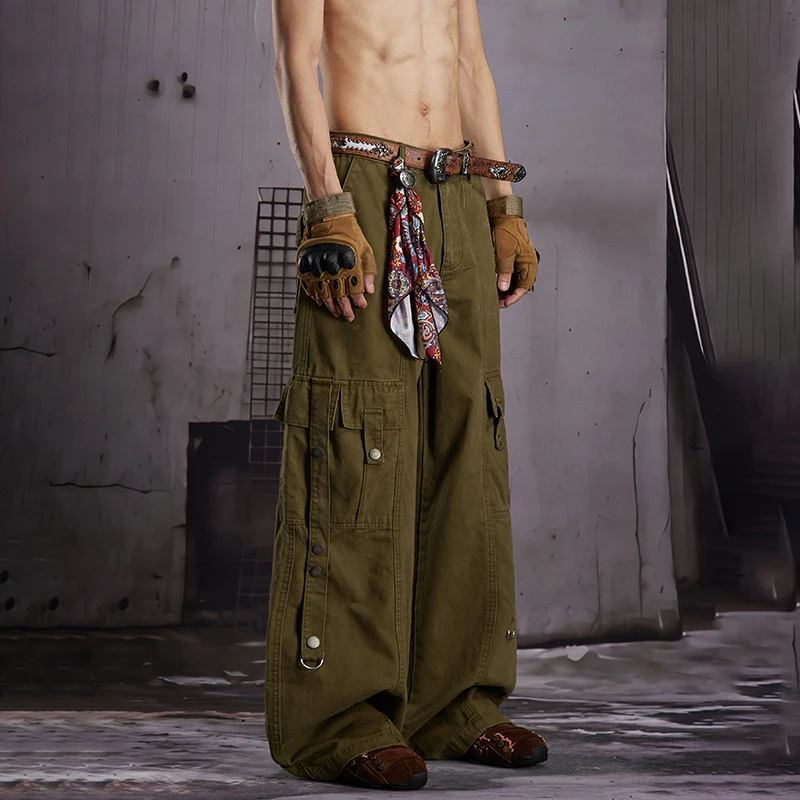 LUZHEN 2026 New Trendy Multi Buttoned Decorate Ribbon Patchwork Pockets Cargo Pants Men's Handsome Solid Color Trousers JY8766
