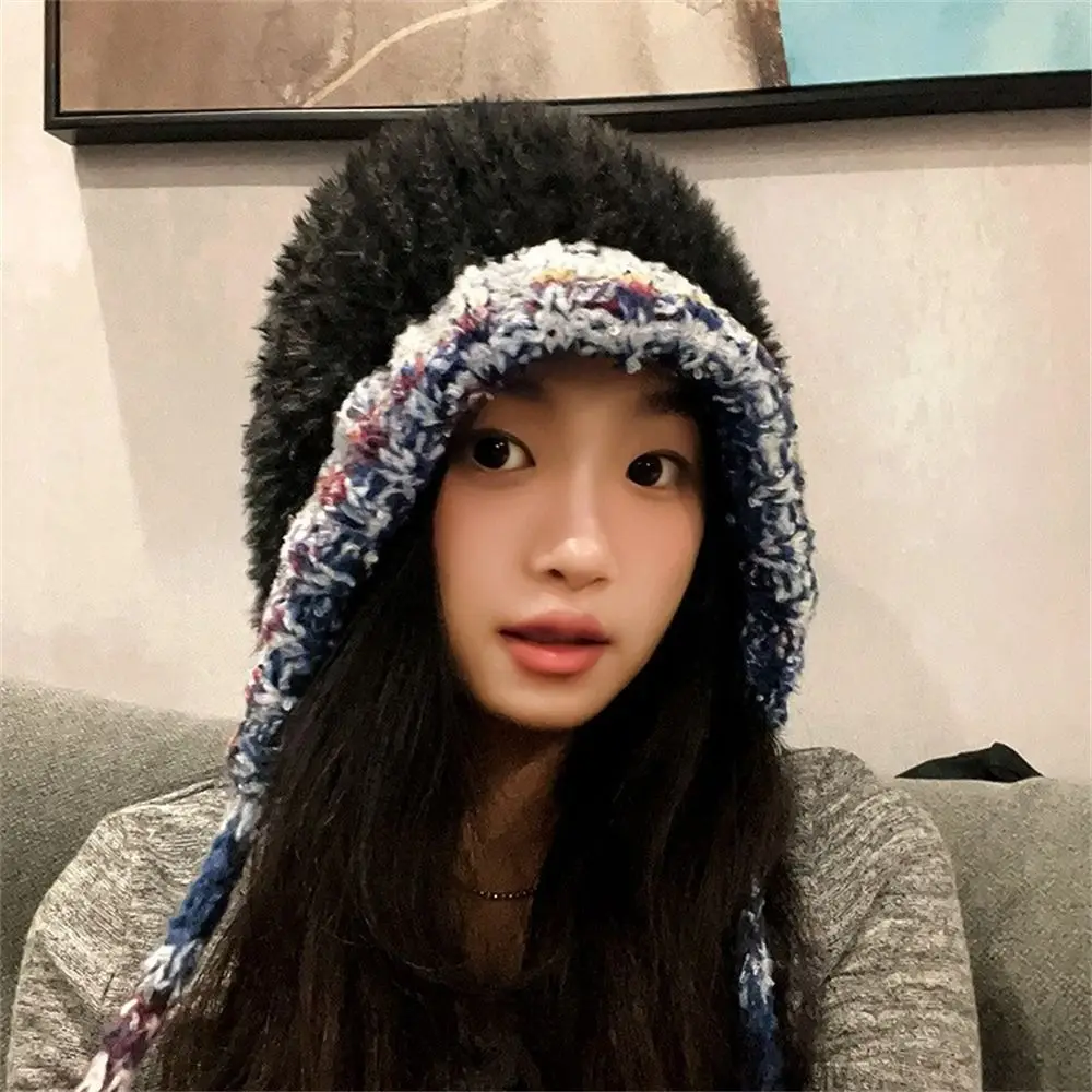 Cute Warm Thickened Knitted Hat Windproof Coldproof Solid Color Ear Protection Bonnet Caps for Outdoor Riding