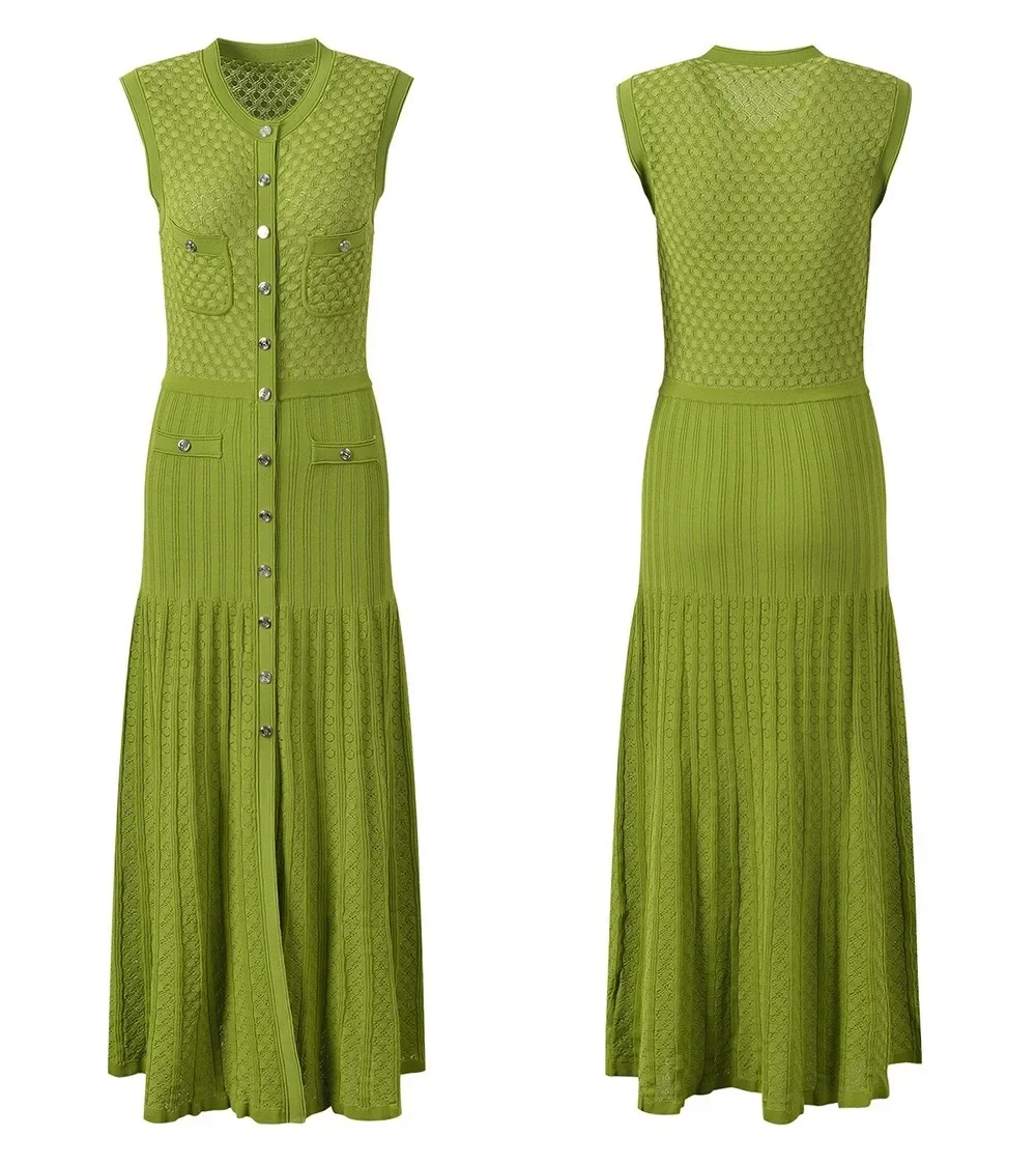

2024 New Spring Summer High Quality Women Collection Green O-Neck Sleeveless Single Breasted Regular Fit Vest Knit Midi Dress
