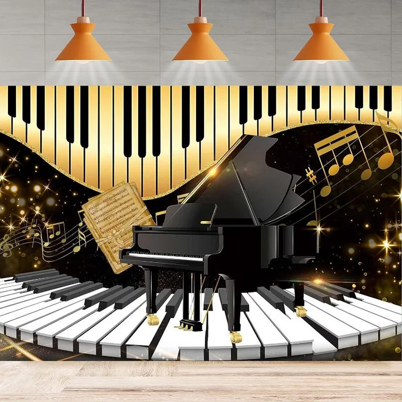 

Photography Backdrop Piano Keyboard Golden Musical Notes Background Music Birthday Baby Shower Home Party Backdrop Wall Banner