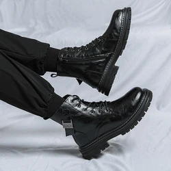 High quality Men's Black Genuine leather platform ankle Boots Men's Handmade Motorcycle Boots Combat Boots Black Casual Boots