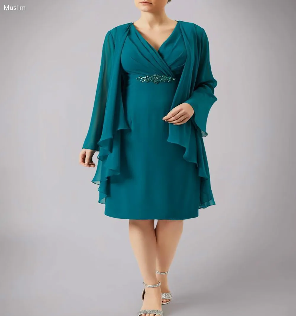 

Elegant Teal Blue Mother Of The Bride Dresses Modern Knee Length Chiffon Long Sleeve Formal Wedding Guest Dress Party Customized