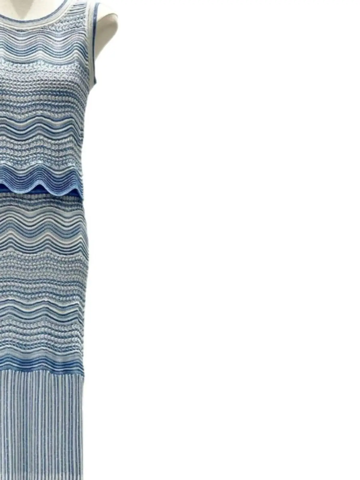 

Spring/Summer Women O-Neck Spliced Wavy Stripe Knit Set Sleeveless Knitwear Top + High Waist Straight Fashion Maxi Skirt