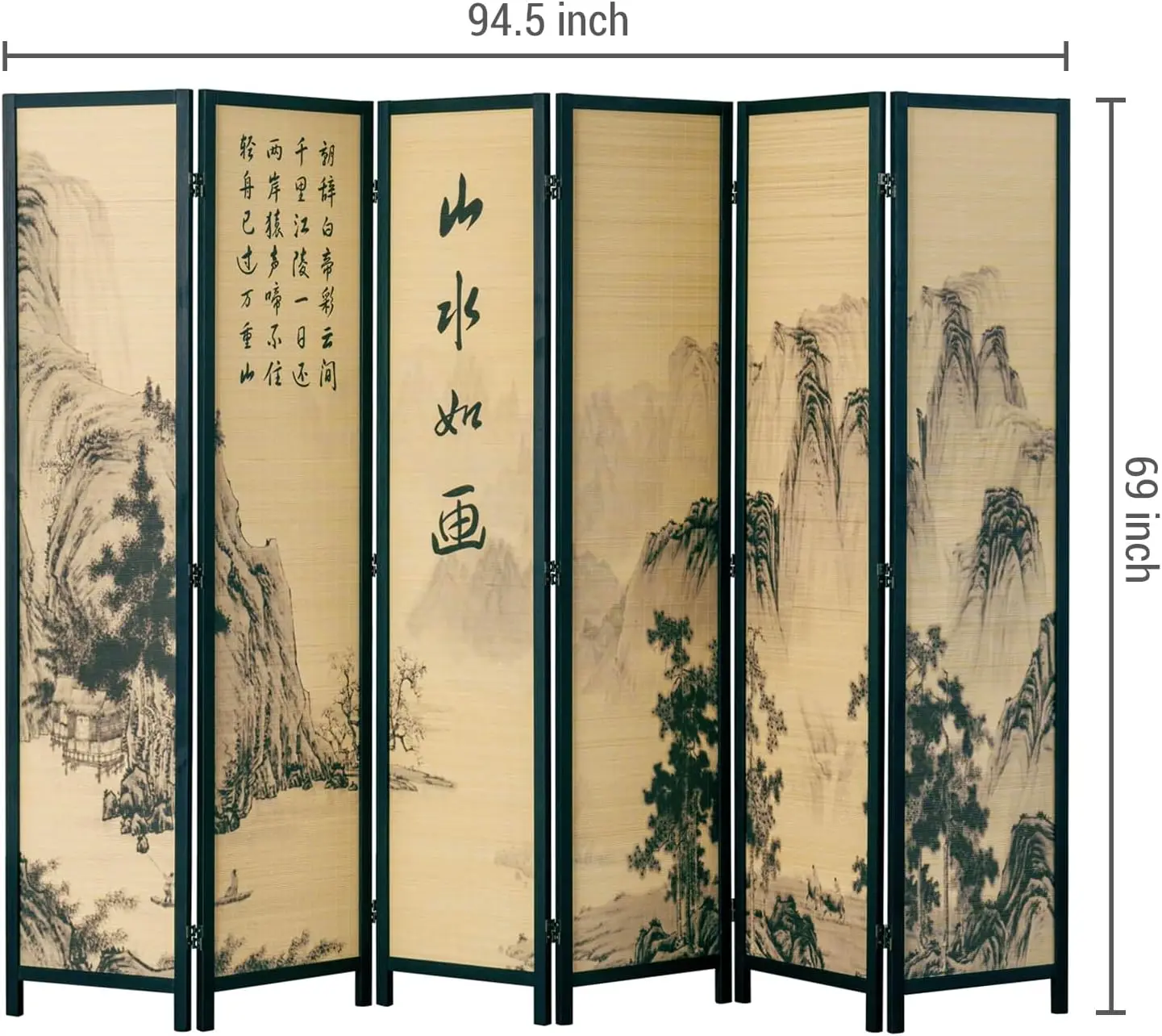 MyGift Decorative 6 Panel Folding Room Divider Bamboo Screen with Chinese Calligraphy Design, Freestanding Floral Artwork Room