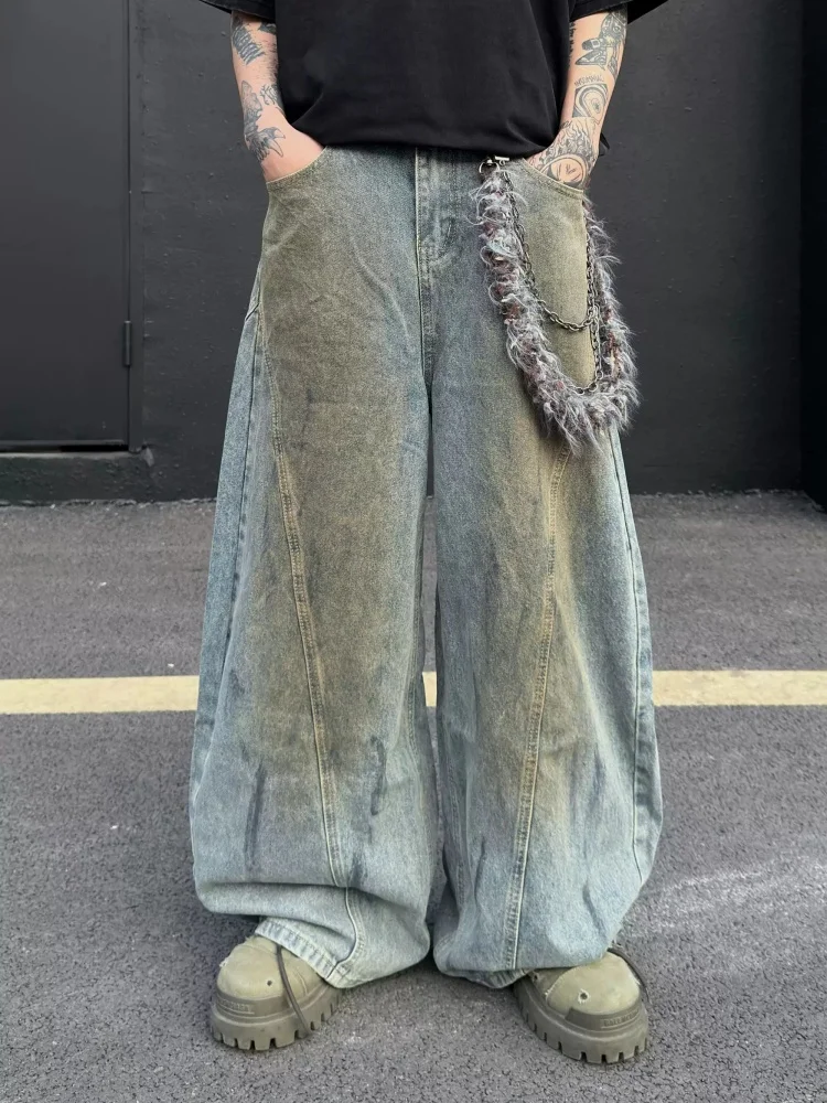 

American Style Retro Dirty Washing Distressed Design Street Knife Jeans For Man Loose Fashionable Wide Leg Denim Pants