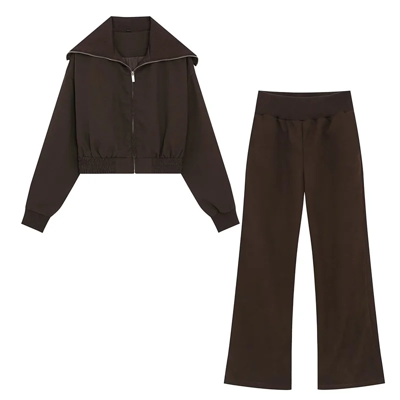 Guobioziy 2026 Women's Suit Autumn New Deep Brown Long Sleeve Stand Collar Simple Loose Jacket Outerwear Parka Pants Set Casual