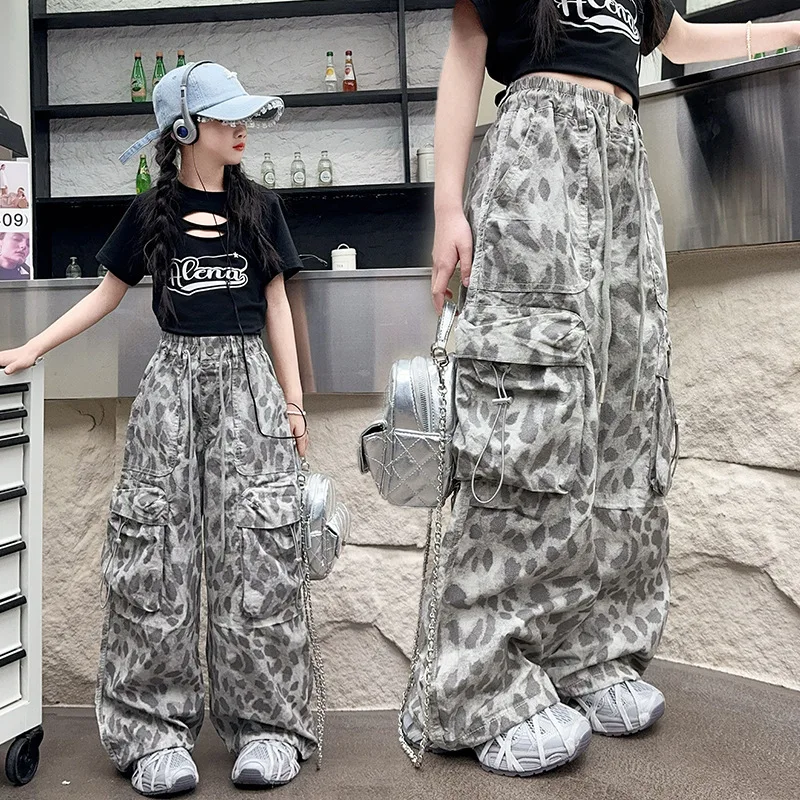 Teenager Kids Girls Summer Camouflage Cargo Pants 2026 New Fashion Hip-Hop Dance Costume for Children High Waist Casual Trousers