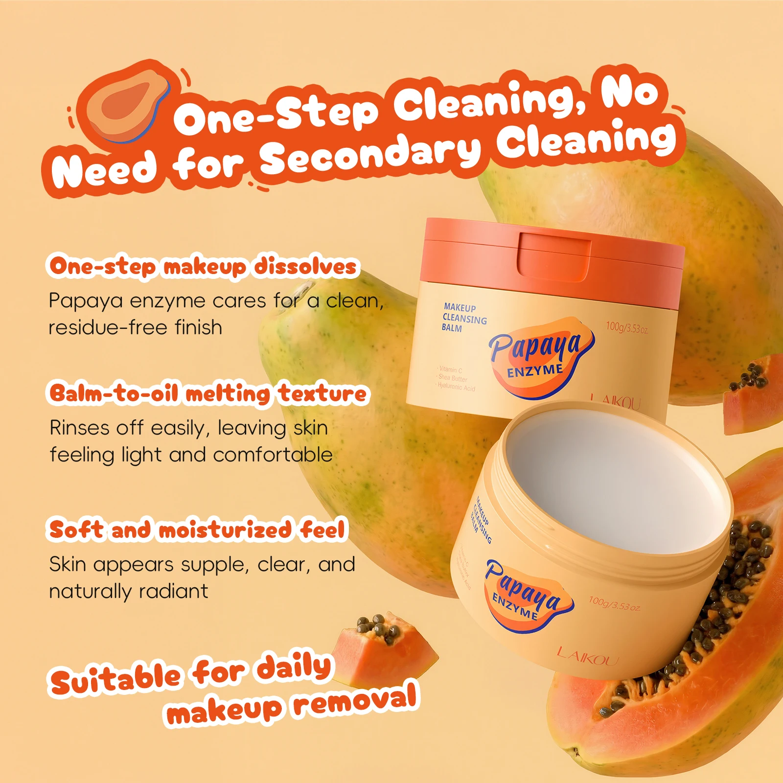 LAIKOU Papaya Enzyme Makeup Cleansing Balm 100g Gentle Exfoliation Hydrating Removes All Makeup Leaves Skin Radiant