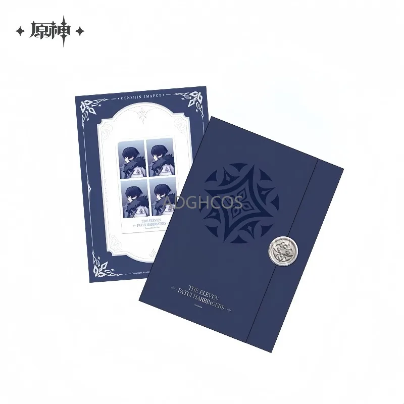 

Официальный набор фотокарточек Genshin Impact: Серия «Лед и Огонь» — Тартаглия, Колумбина, Вандерер, а также сумка для покупок.