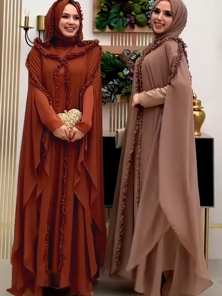 Eid Muslim Party Hoody Dress Women 2 Piece Chiffon Ramadan Abaya Hooded with Cloak Kaftan Vestidos Largos Robe Jalabiya 2024