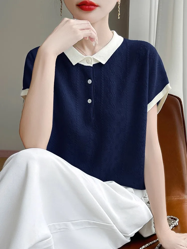 تي شيرت نسائي صيفي جديد Sle Color Blo ort Sve محبوك Ne تي شيرت مرتبط بالطيران Sve متعدد الاستخدامات #5