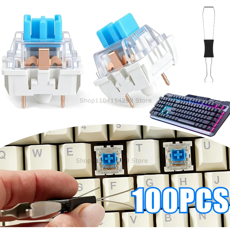 50 Pcs Blue Keyboard Switches, 3-Pin Clicky Tactile Mechanical Keyboard Switches, Complete DIY Replacement Kit with Switch Pulle