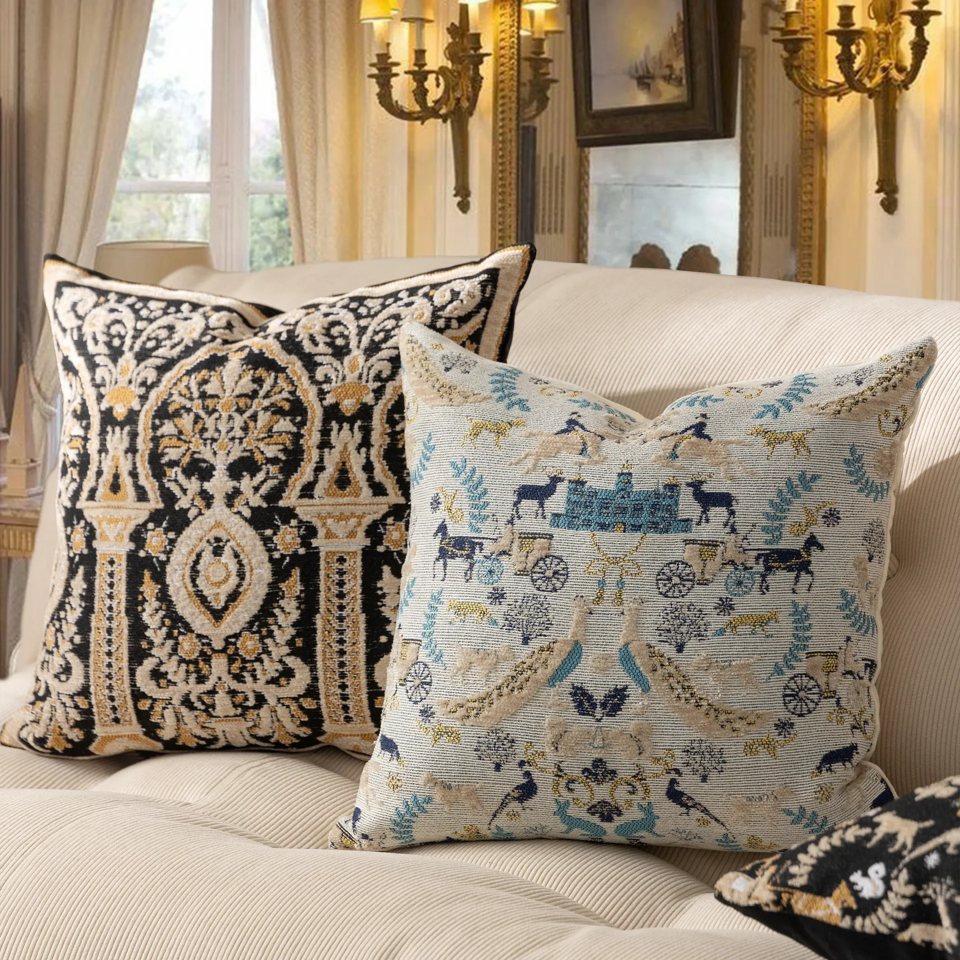 Euro Vintage Floral Cushion Cover Soft Chenille Jacquard Black Gold Blue White 18x18inch Home Decor Pillowcase Sofa Couch Bed