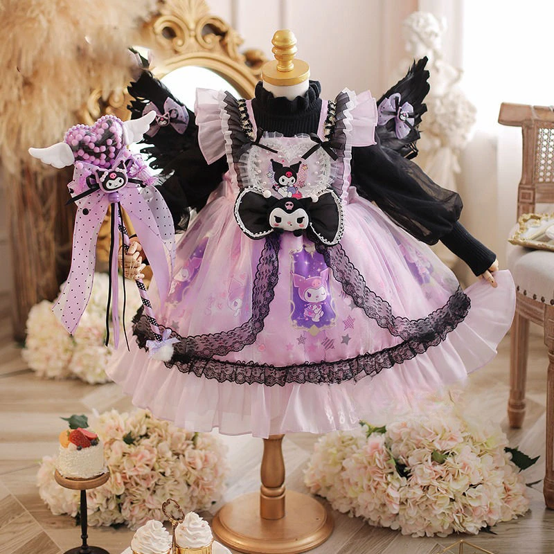 Sanrio Variety Kuromi Dress Kawaii Anime Lolita Cosplay Dress Up Fake Two-piece Suit Winter Girls Princess Children Dress Skirt