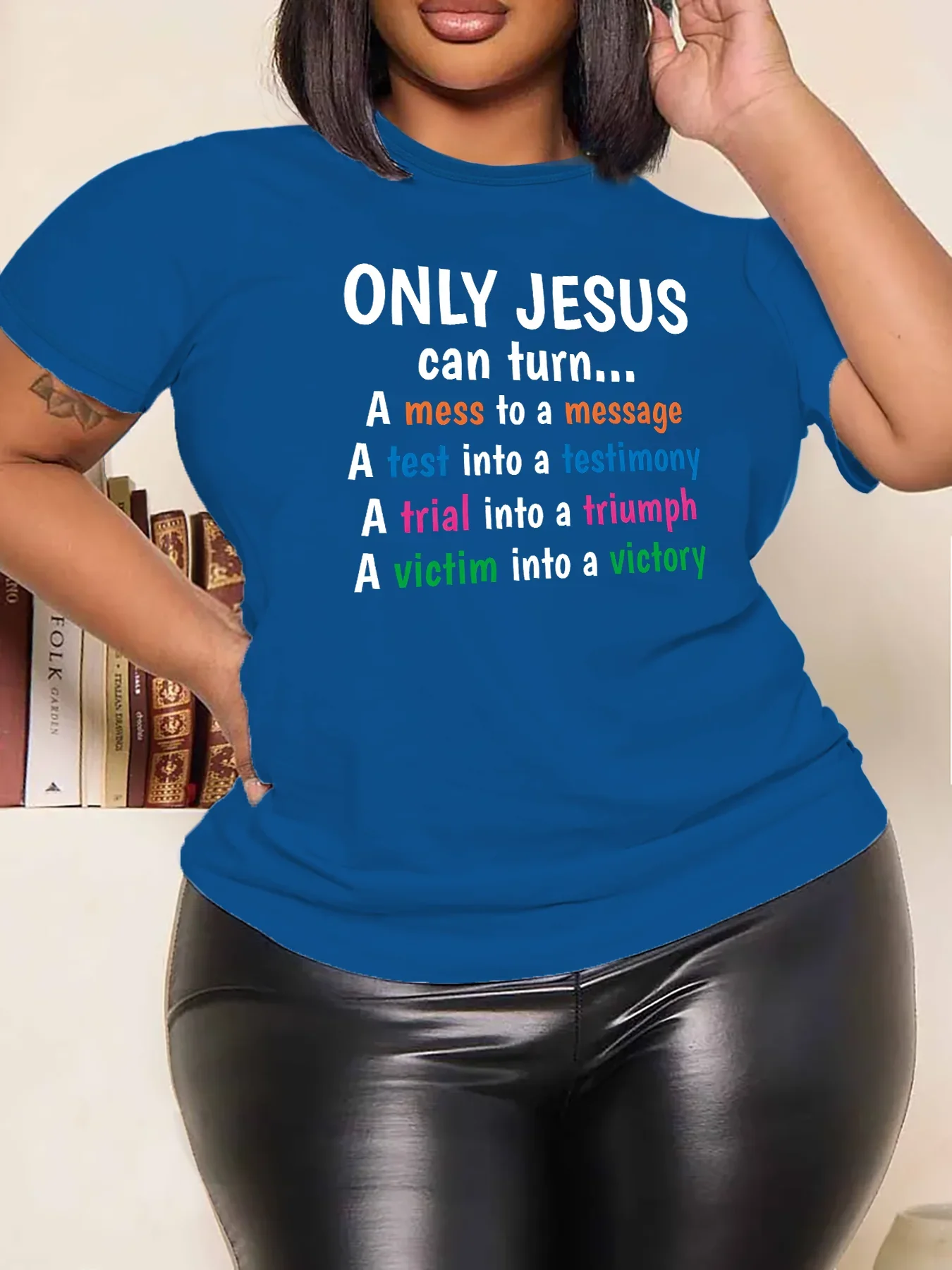 Plus Size Women Clothing Casual Summer Round Neck Short Sleeves Printed ONLY JESUS Alphabetic Writing Plus Size T-shirt Tops