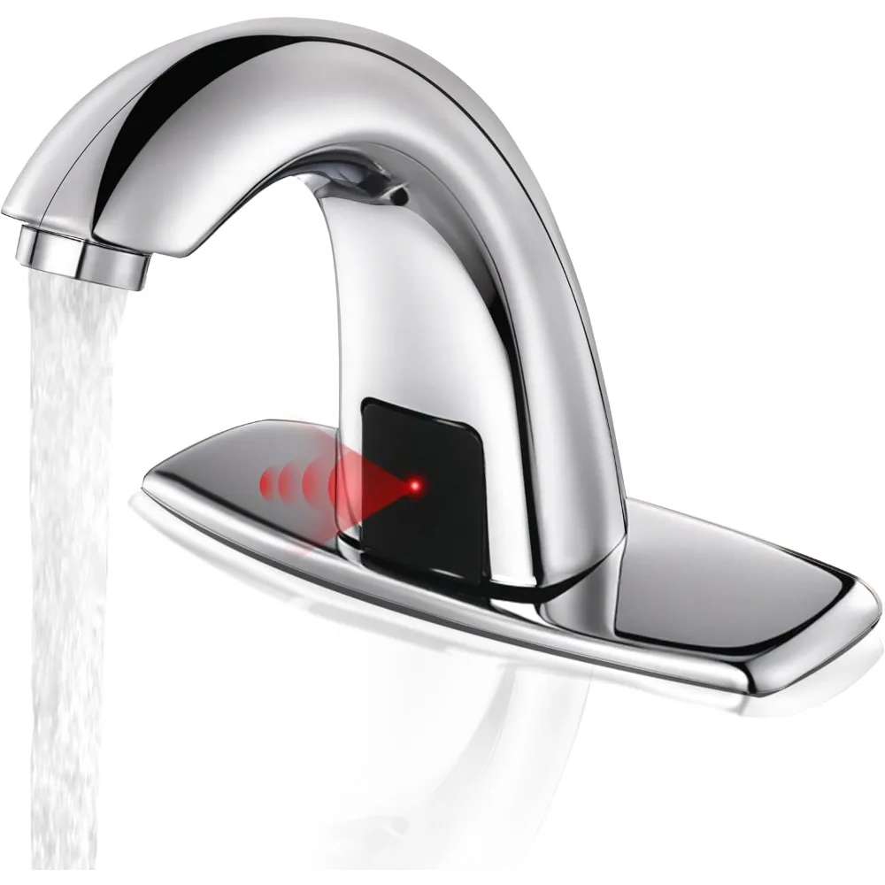 

Automatic Touchless Bathroom Faucet, Sensor-Activated Hands-Free Basin Tap, Battery-Operated, Chrome with Plate & Valve